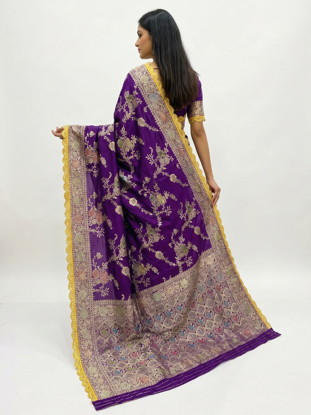 Purple Floral Woven Dola Silk Saree With Lace Border - Image 3