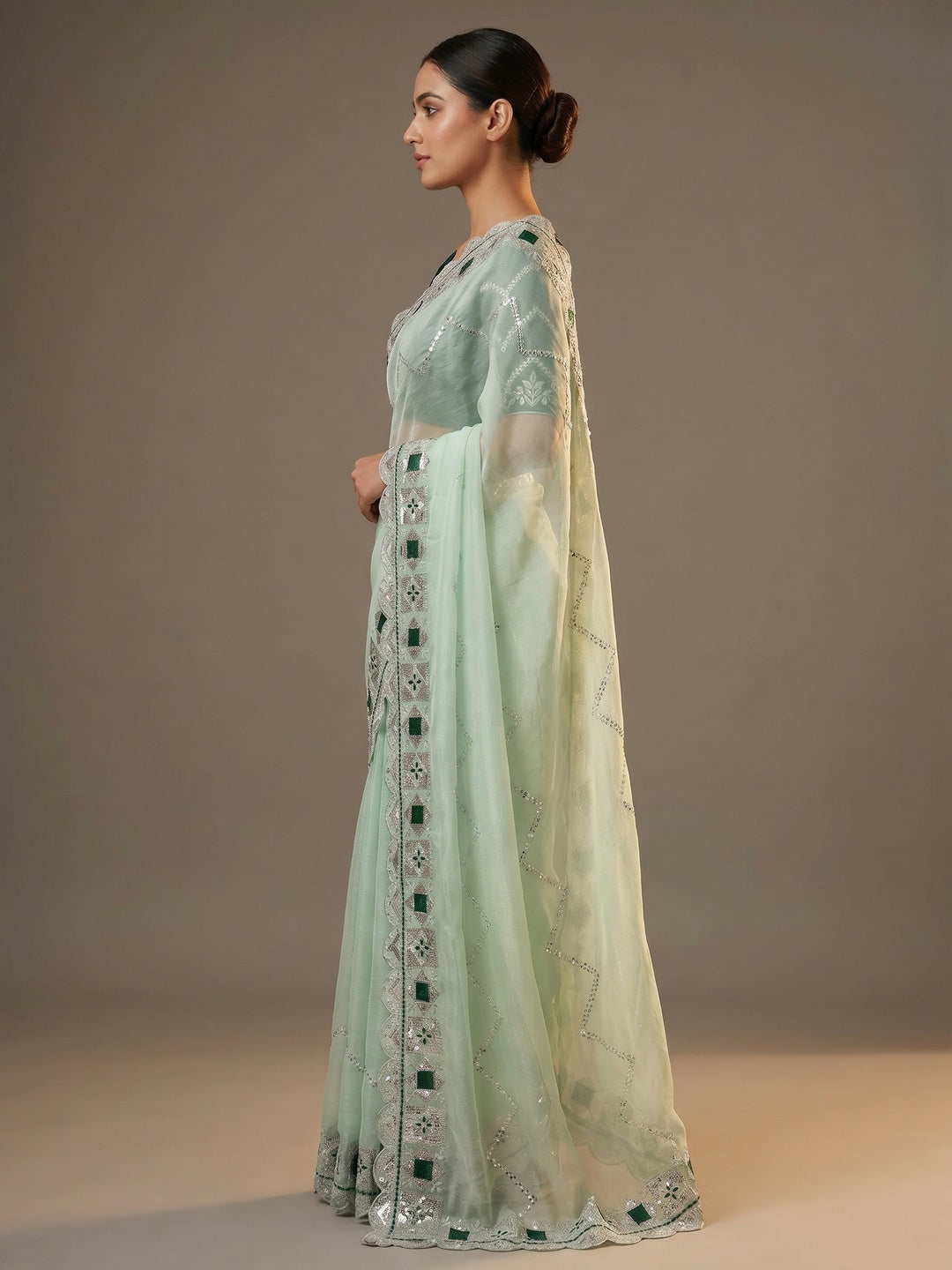 Light Green Sequins Embroidered Chiffon Saree - Image 3