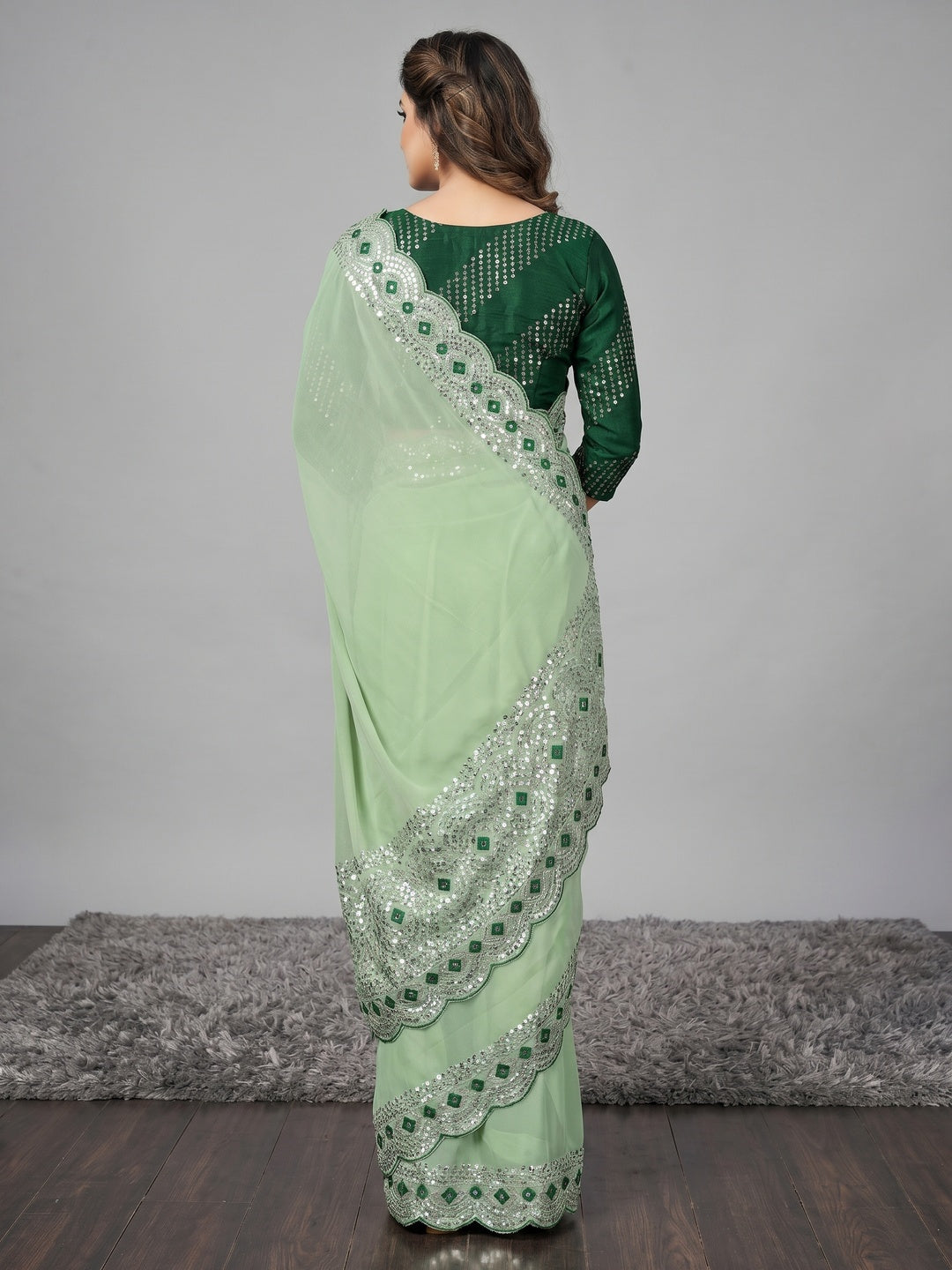 Light Green Sequins Embroidered Chiffon Saree - Image 2