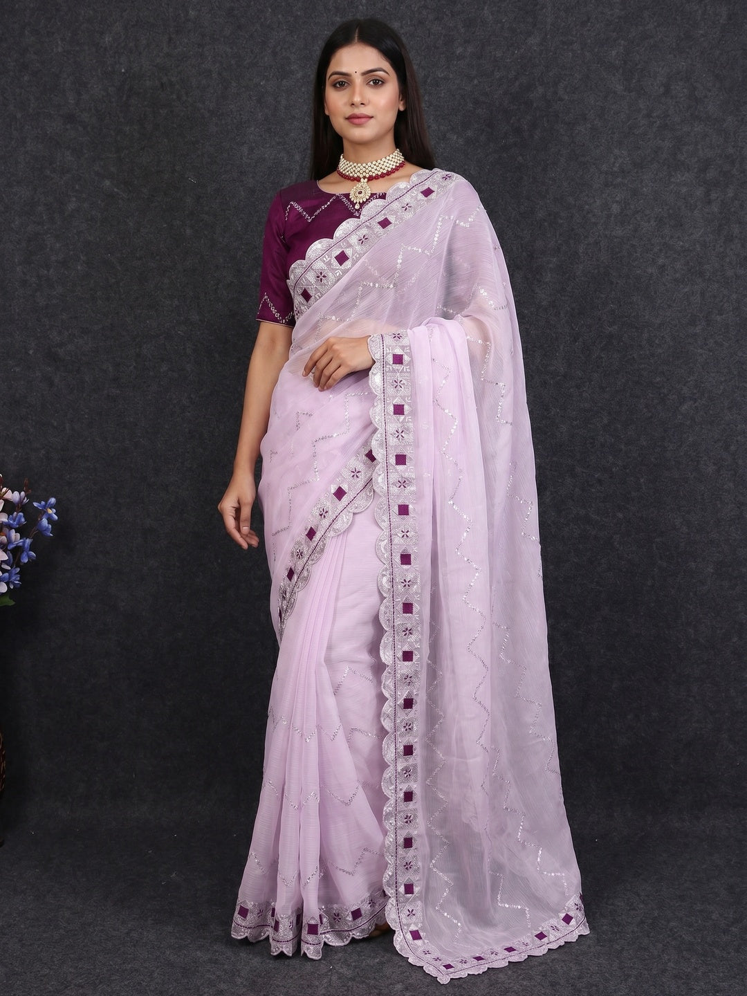 Light Purple Sequins Embroidered Chiffon Saree - Image 1