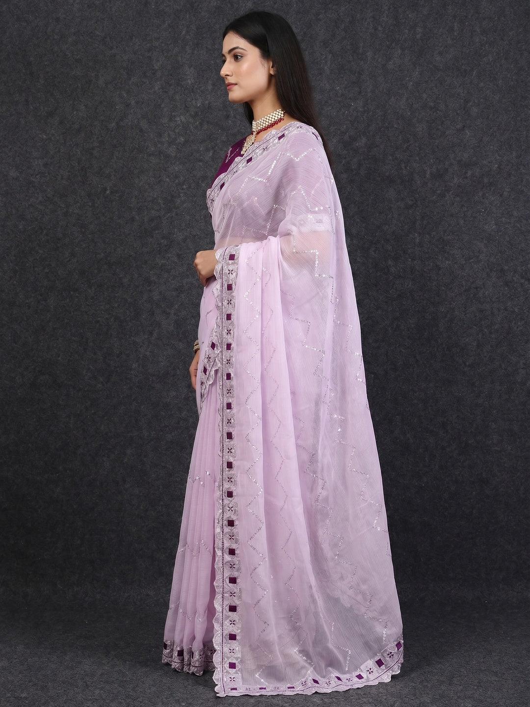 Light Purple Sequins Embroidered Chiffon Saree - Image 2