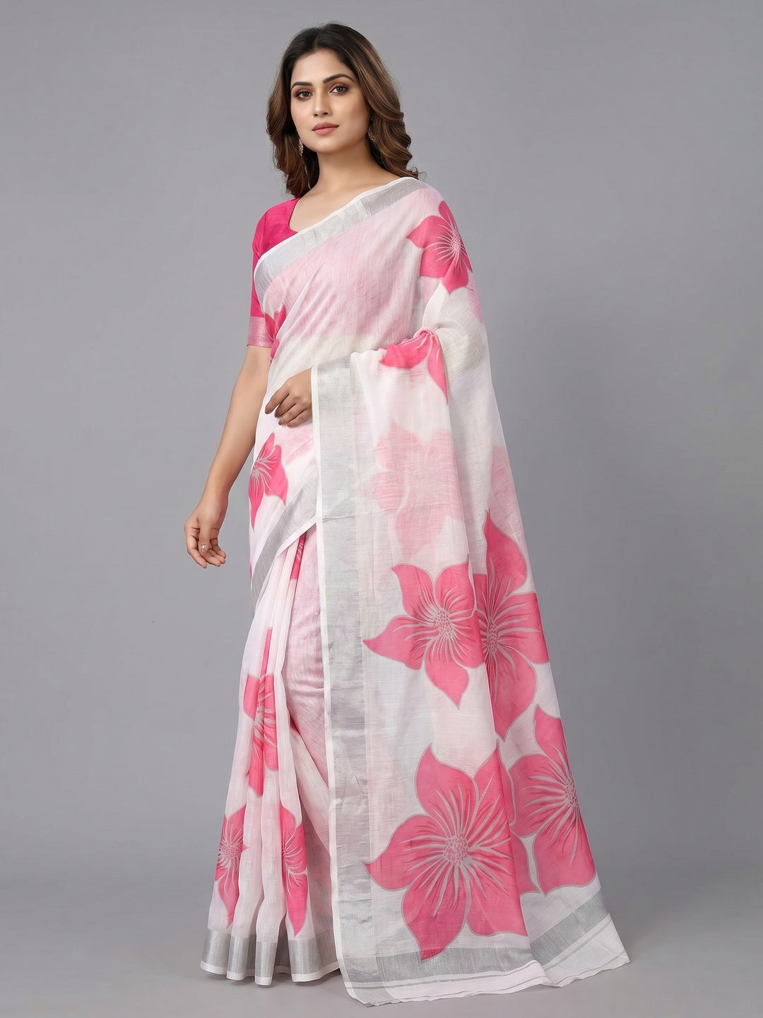 White & Pink Digital Floral Printed Linen Saree - Image 1