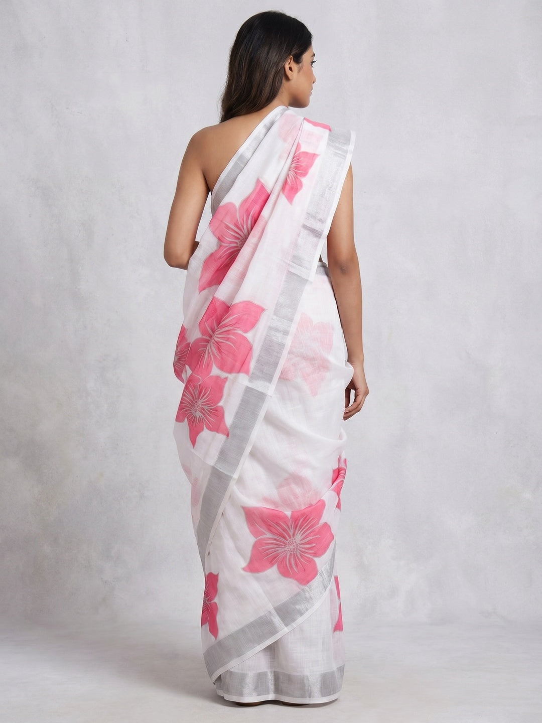 White & Pink Digital Floral Printed Linen Saree - Image 2