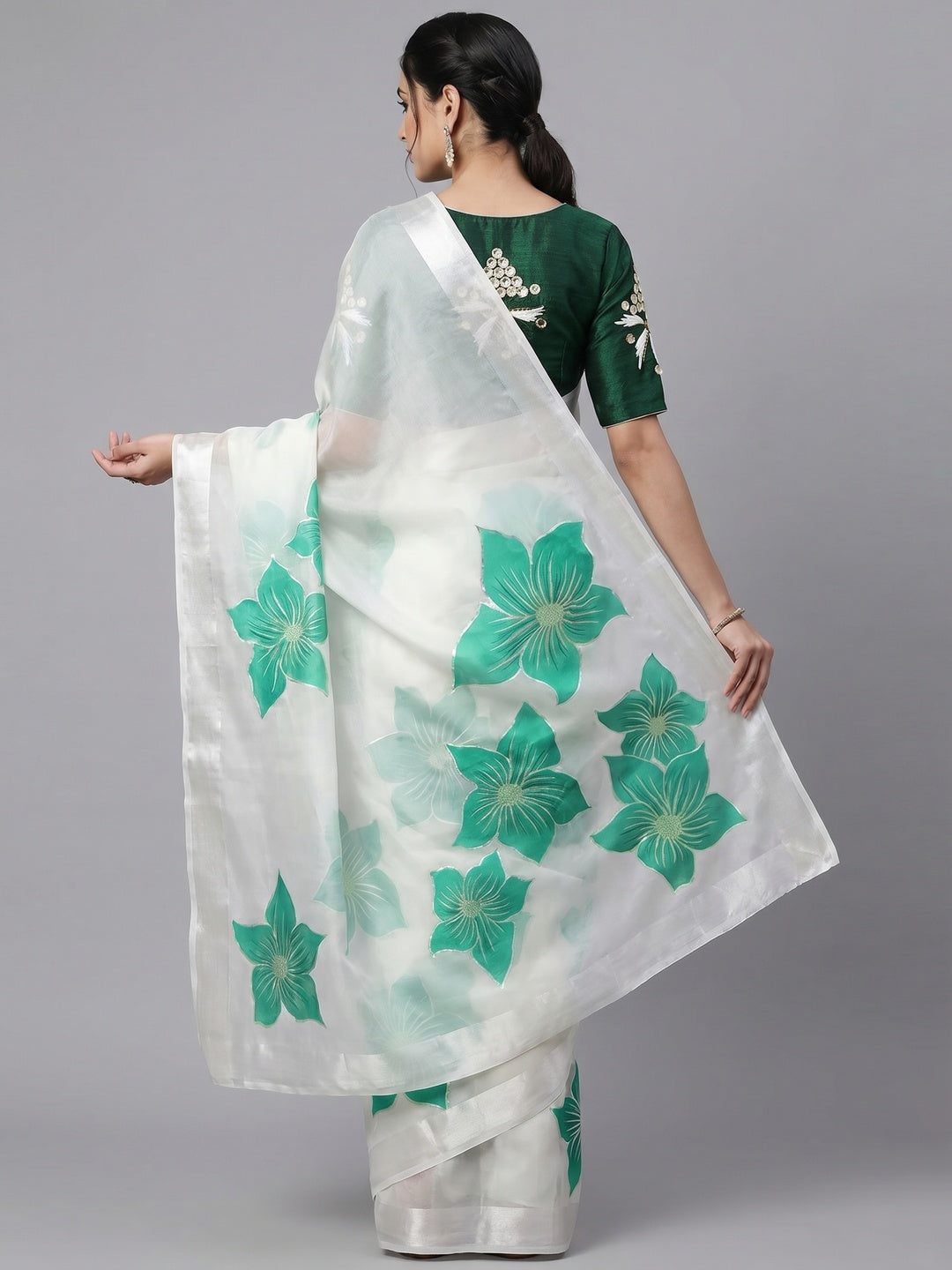 White & Green Floral Foil Printed Organza Saree - Image 2