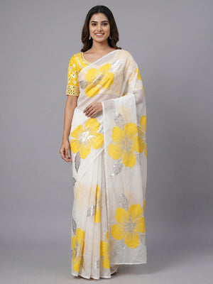 White & Yellow Floral Foil Printed Organza Saree - Image 1
