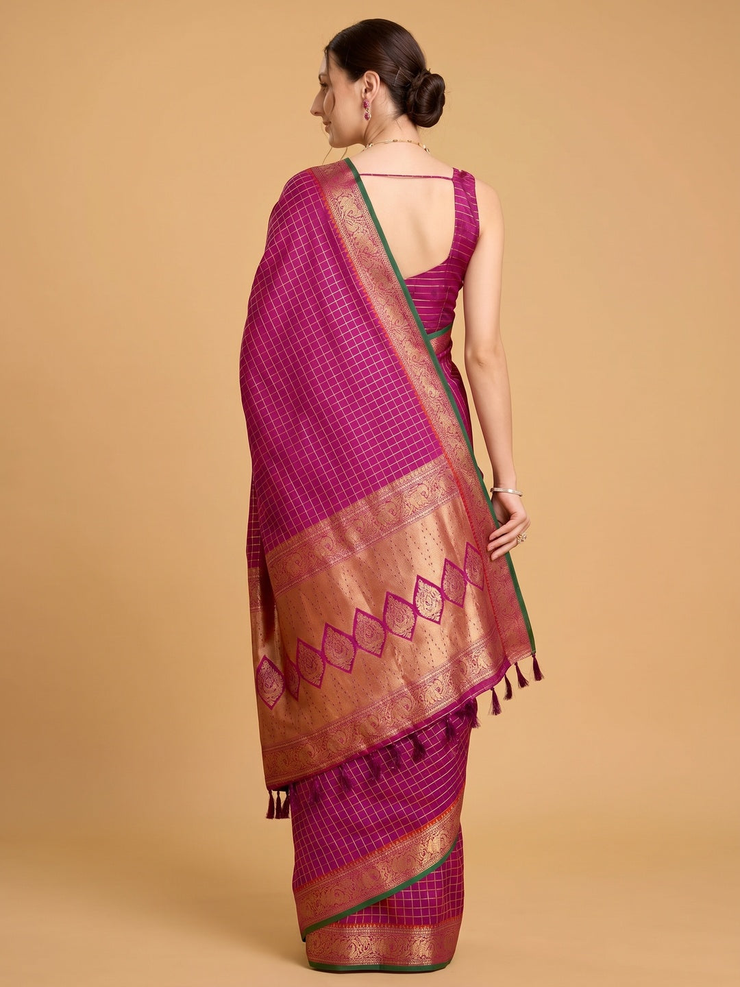 Purple Checks Woven Pure Silk Saree With Tassels - Image 1