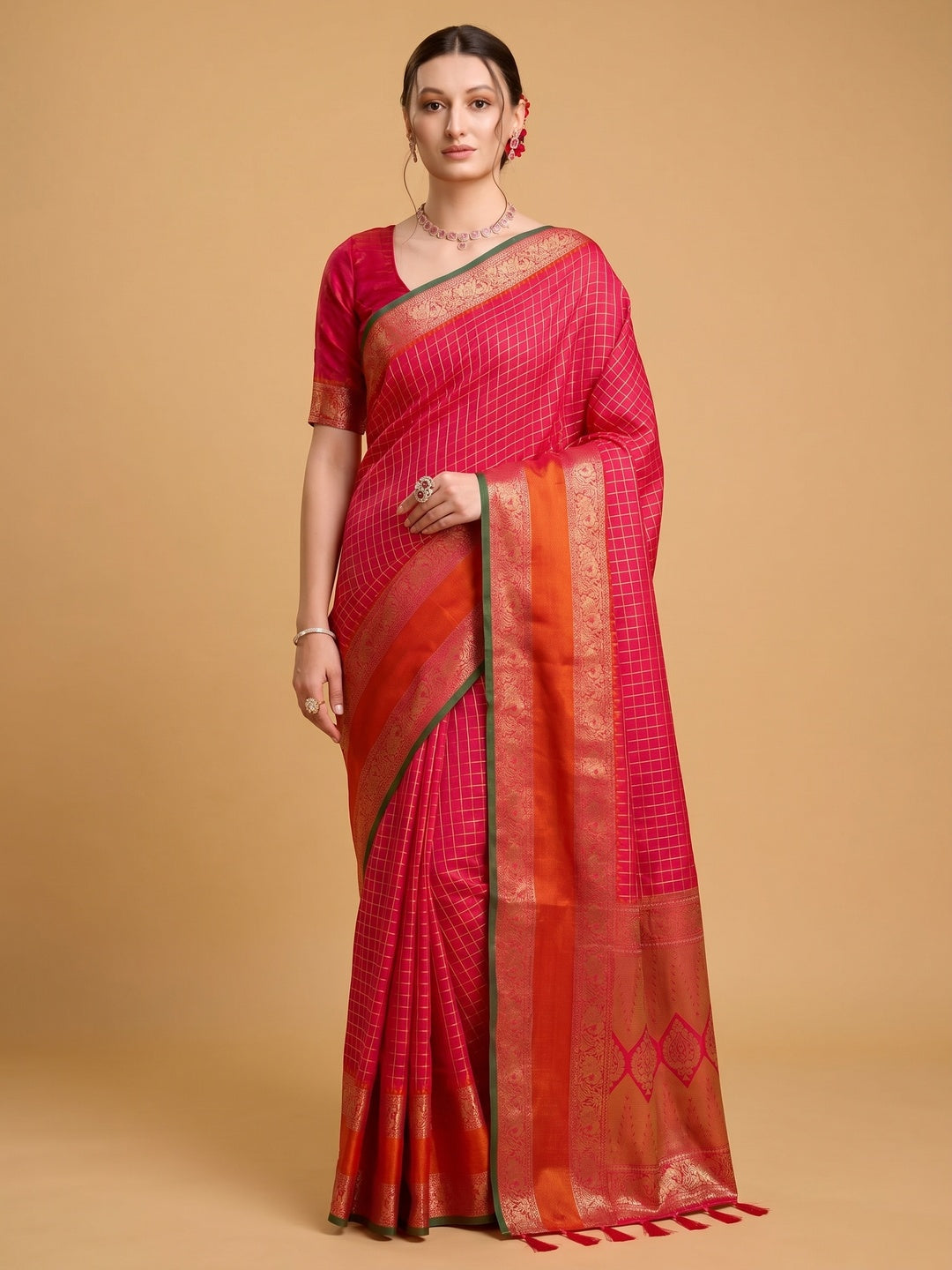 Pink Checks Woven Pure Silk Saree With Tassels - Image 1