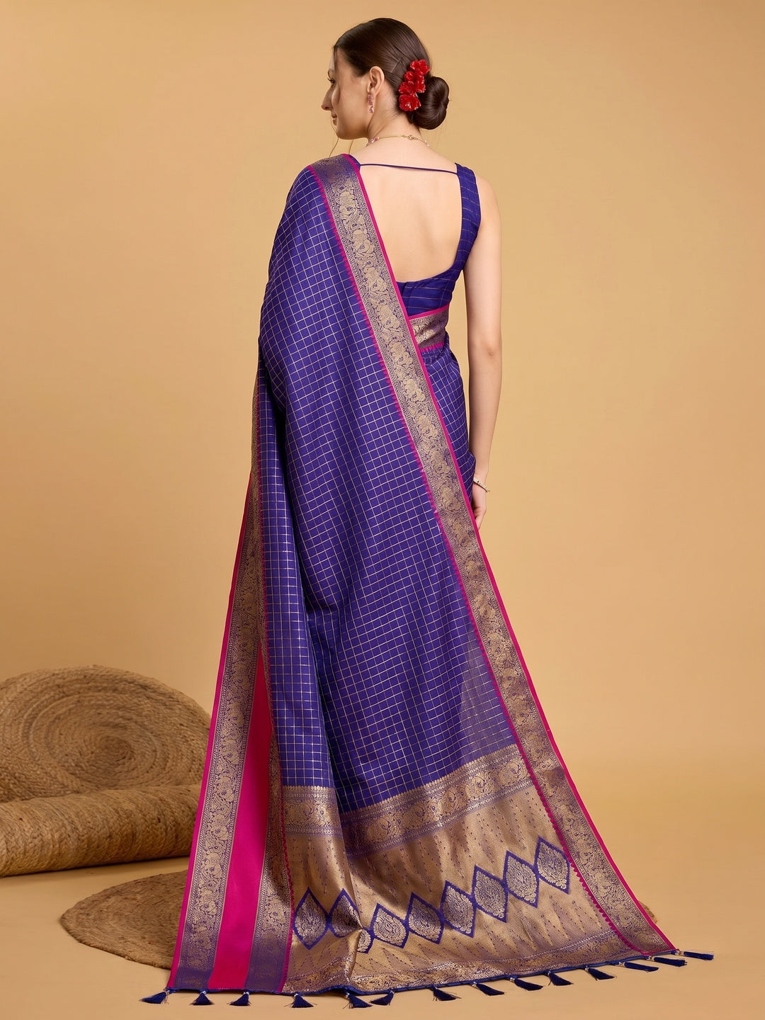 Blue Checks Woven Pure Silk Saree With Tassels - Image 1