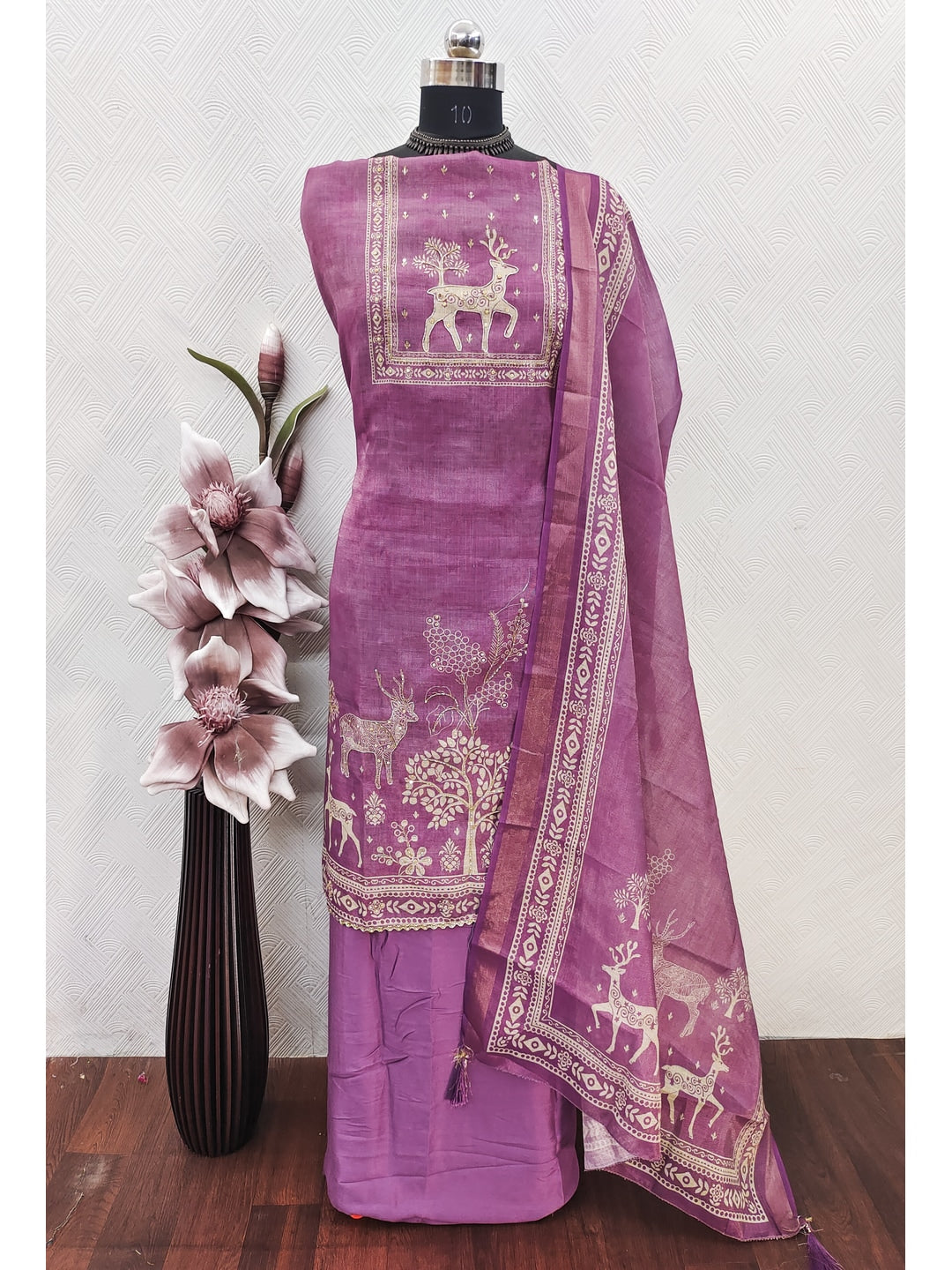 Peachmode Pink Linen Dress Material with Ethnic Motifs - Image 4