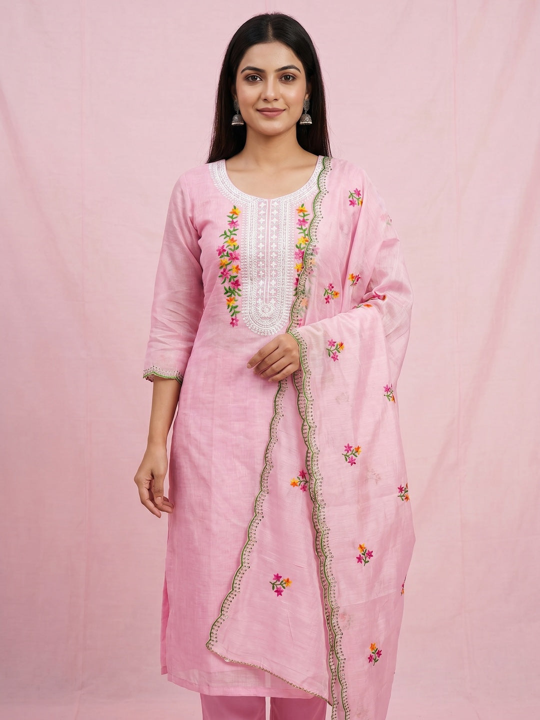 Pink Floral Embroidered Chanderi Dress Material - Image 1