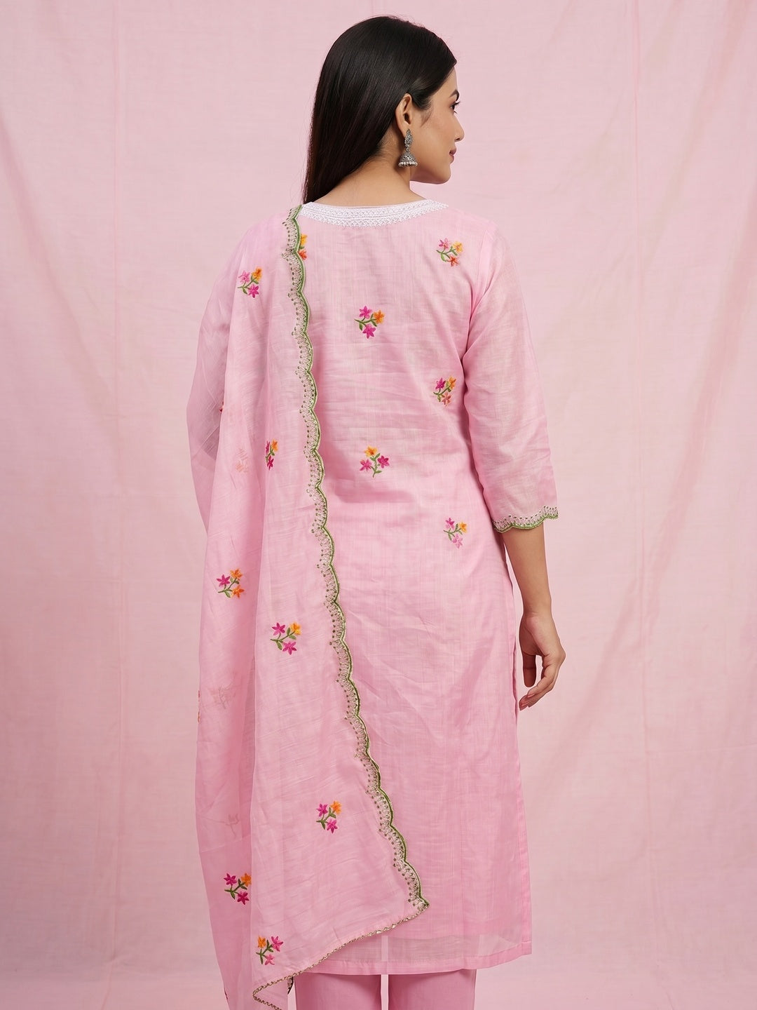 Pink Floral Embroidered Chanderi Dress Material - Image 2