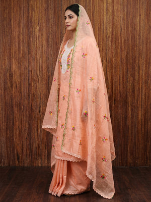 Peach Floral Embroidered Chanderi Dress Material - Image 1