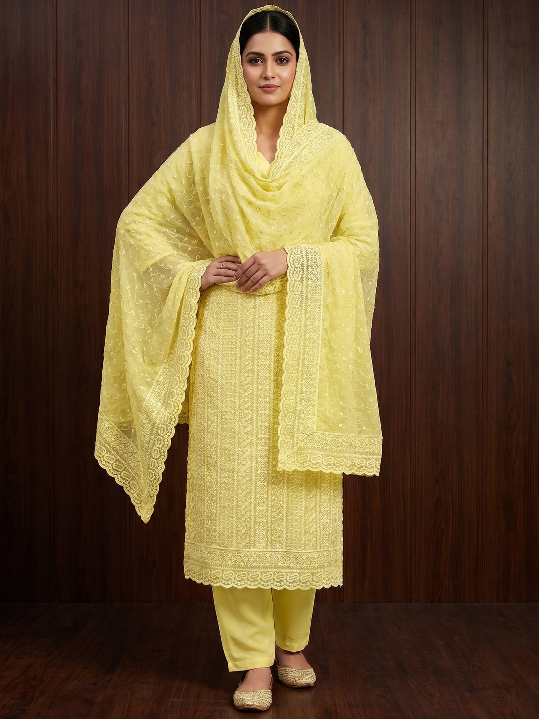 Yellow Embroidered Georgette Dress Material - Image 1