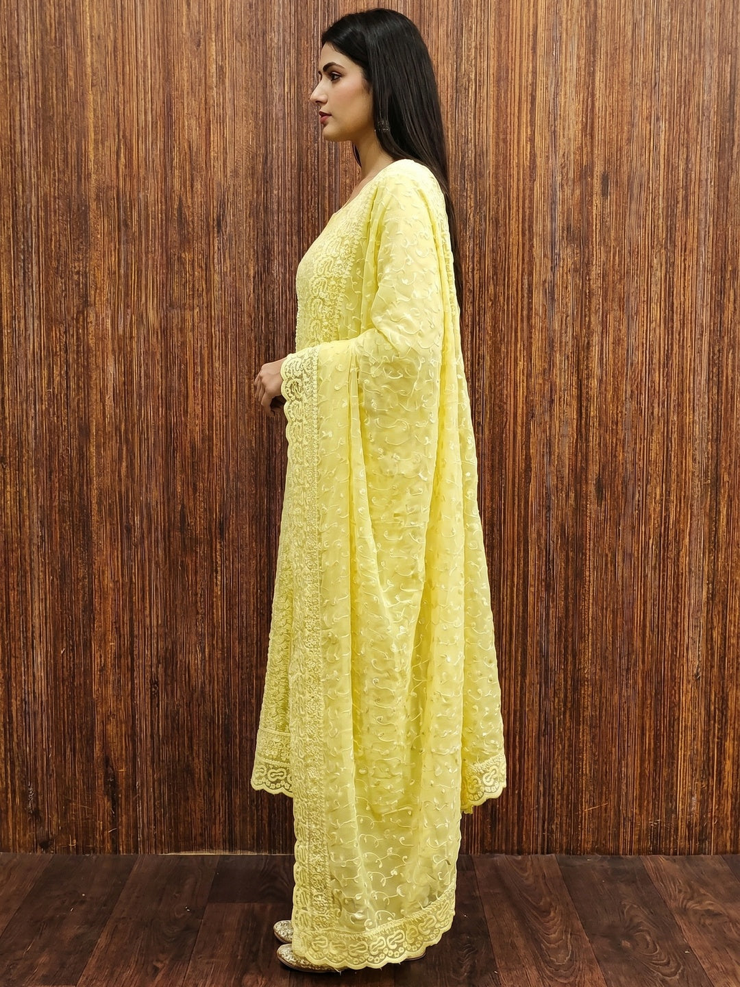 Yellow Embroidered Georgette Dress Material - Image 3
