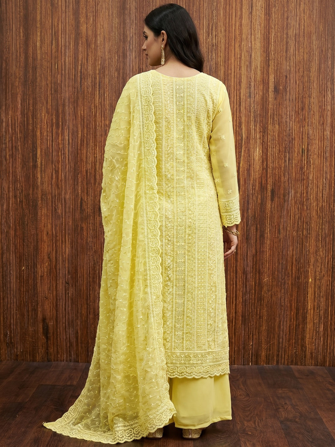 Yellow Embroidered Georgette Dress Material - Image 2