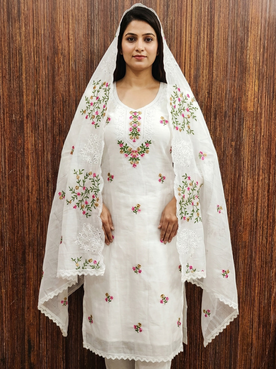 White Floral Embroidered Chanderi Dress Material - Image 1