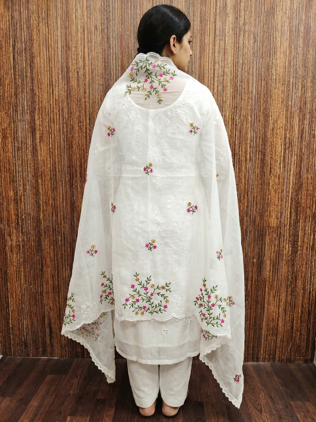 White Floral Embroidered Chanderi Dress Material - Image 2