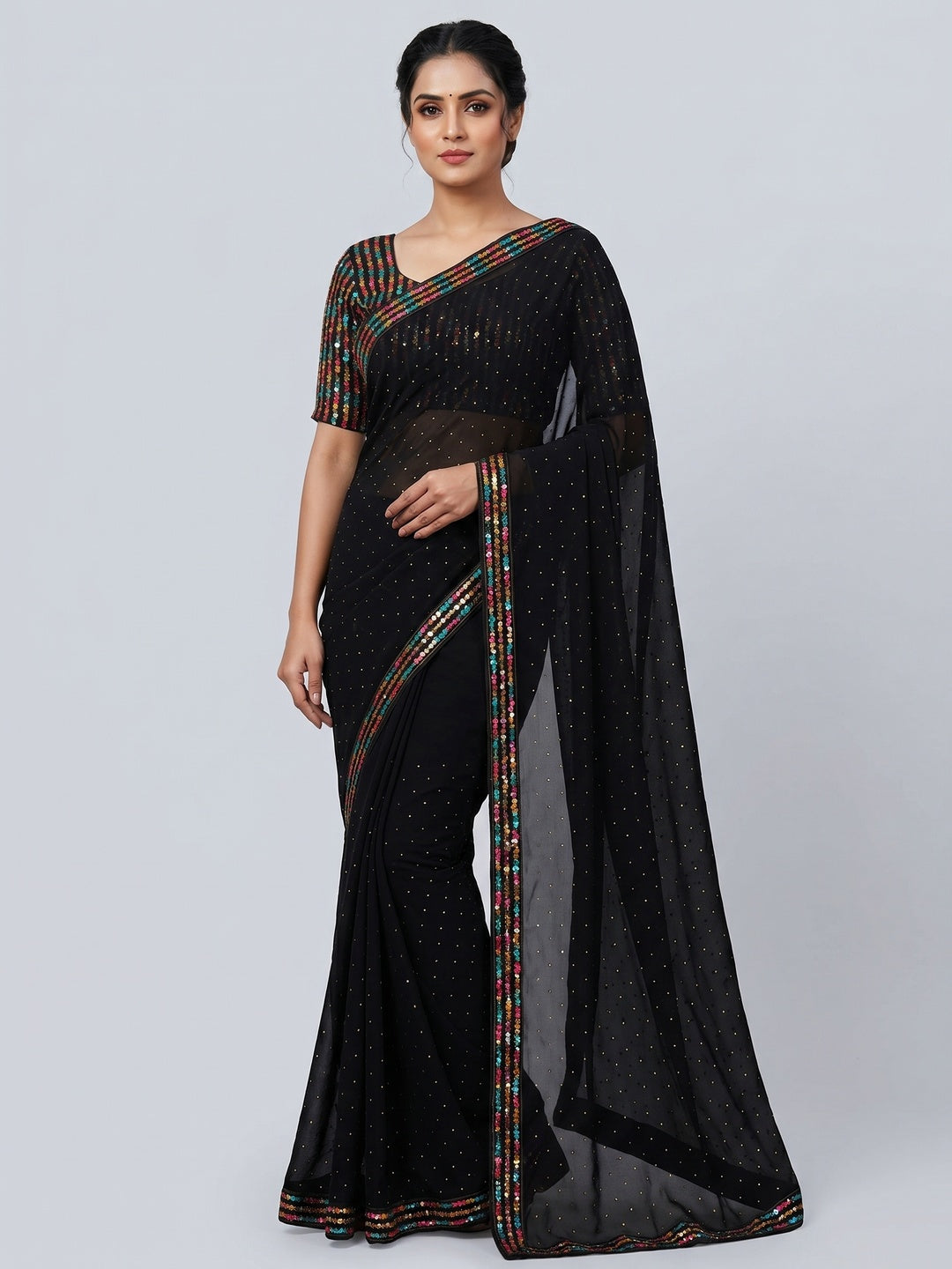 Black Diamond Work Georgette Saree With Sequins Lace Border - Image 1