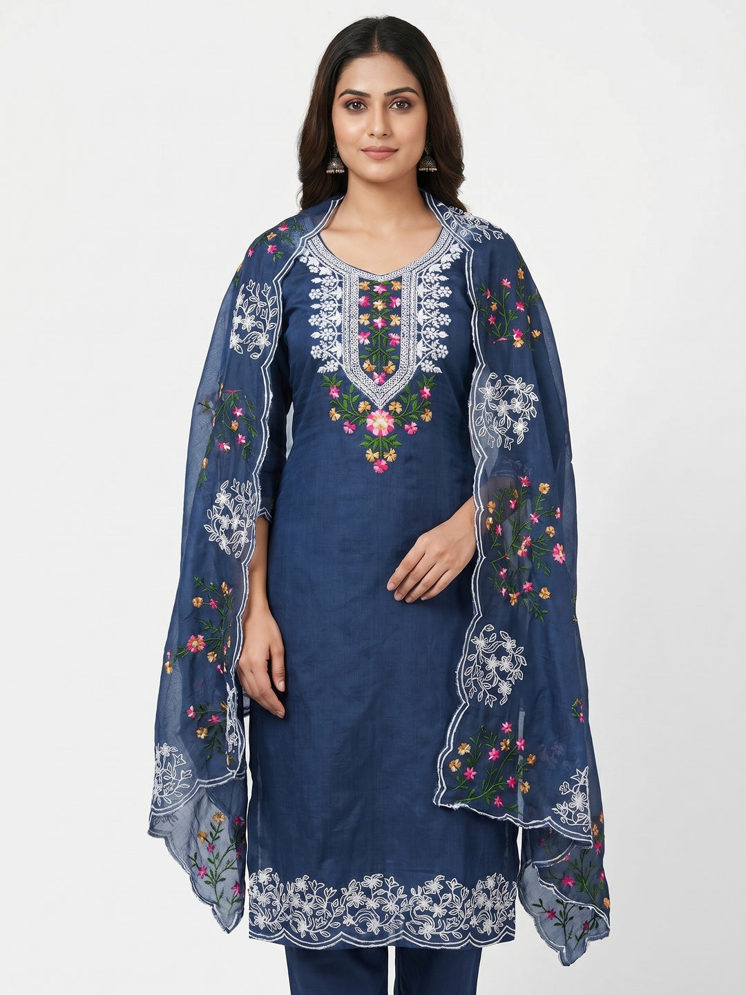 Blue Floral Embroidered Chanderi Dress Material - Image 1