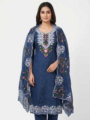 Blue Floral Embroidered Chanderi Dress Material - Image 1
