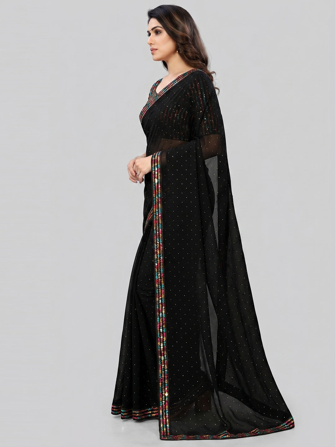 Black Diamond Work Georgette Saree With Sequins Lace Border - Image 2