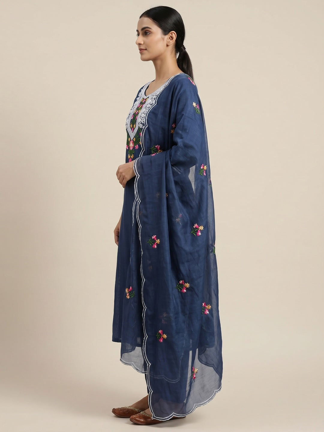 Blue Floral Embroidered Chanderi Dress Material - Image 2