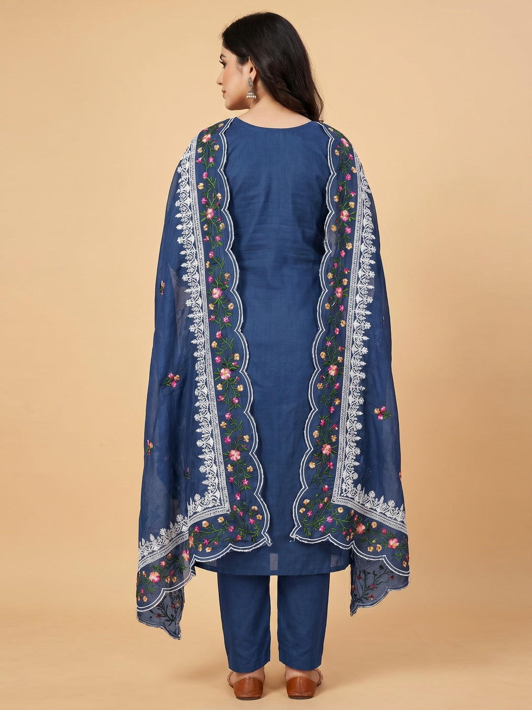 Blue Floral Embroidered Chanderi Dress Material - Image 3