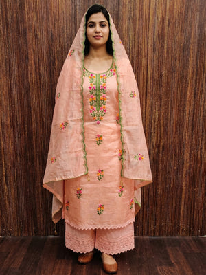 Peach Floral Embroidered Chanderi Dress Material - Image 1
