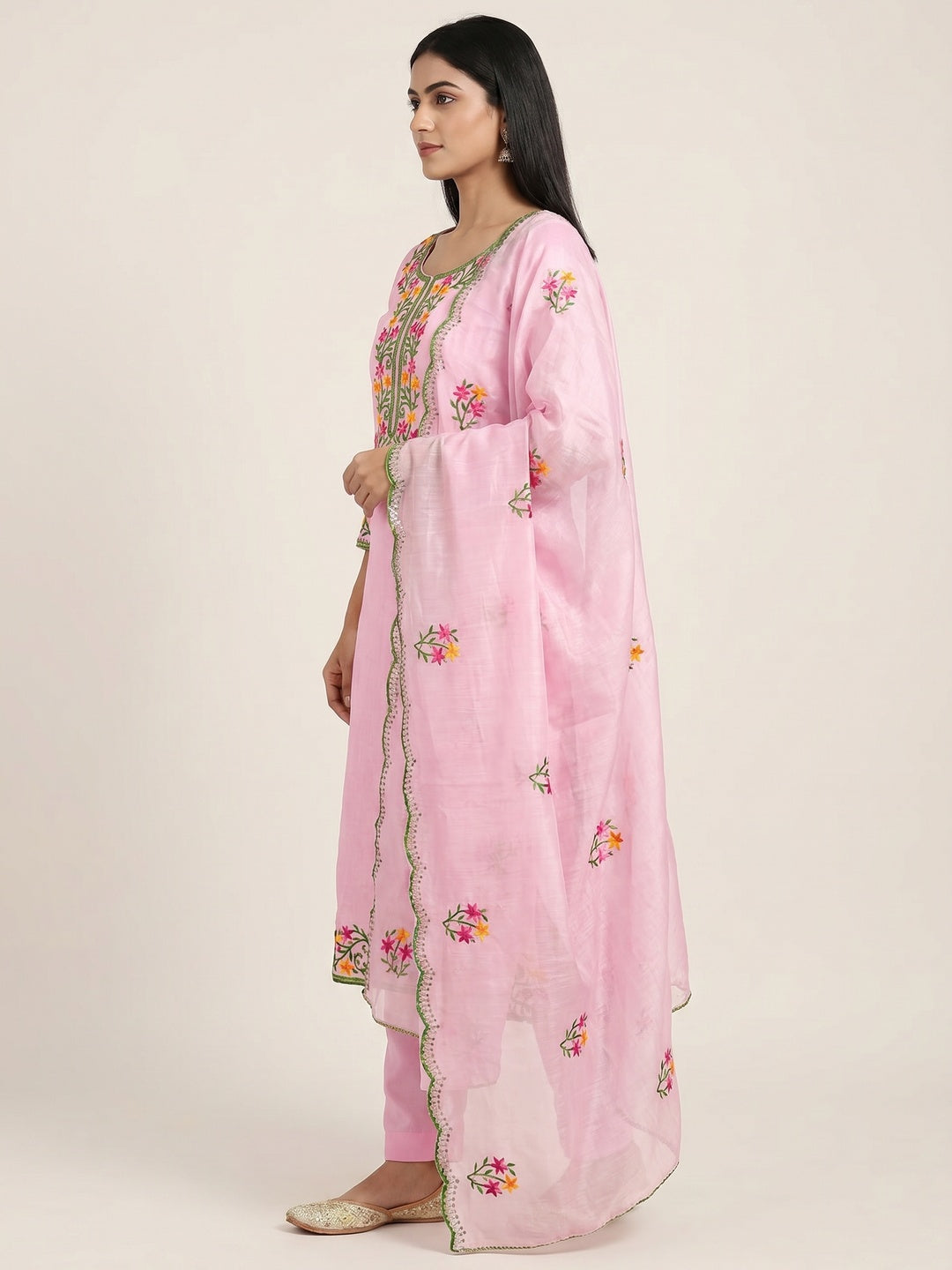 Pink Floral Embroidered Chanderi Dress Material - Image 3