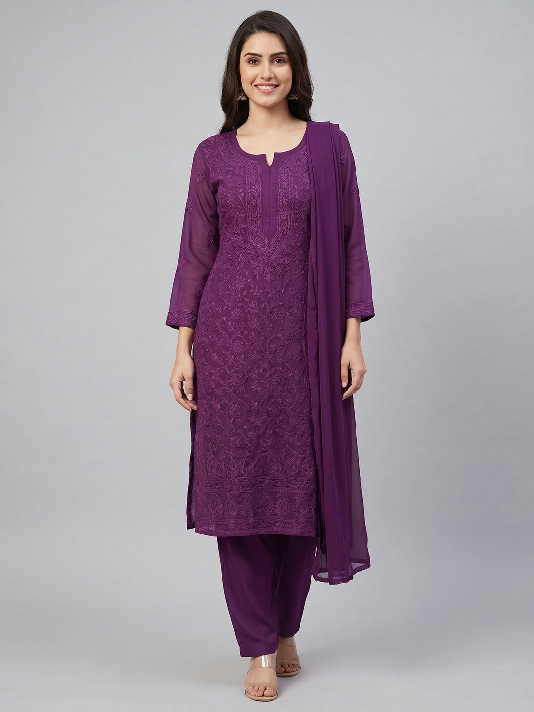 Purple Lucknowi Embroidered Georgette Dress Material - Image 1