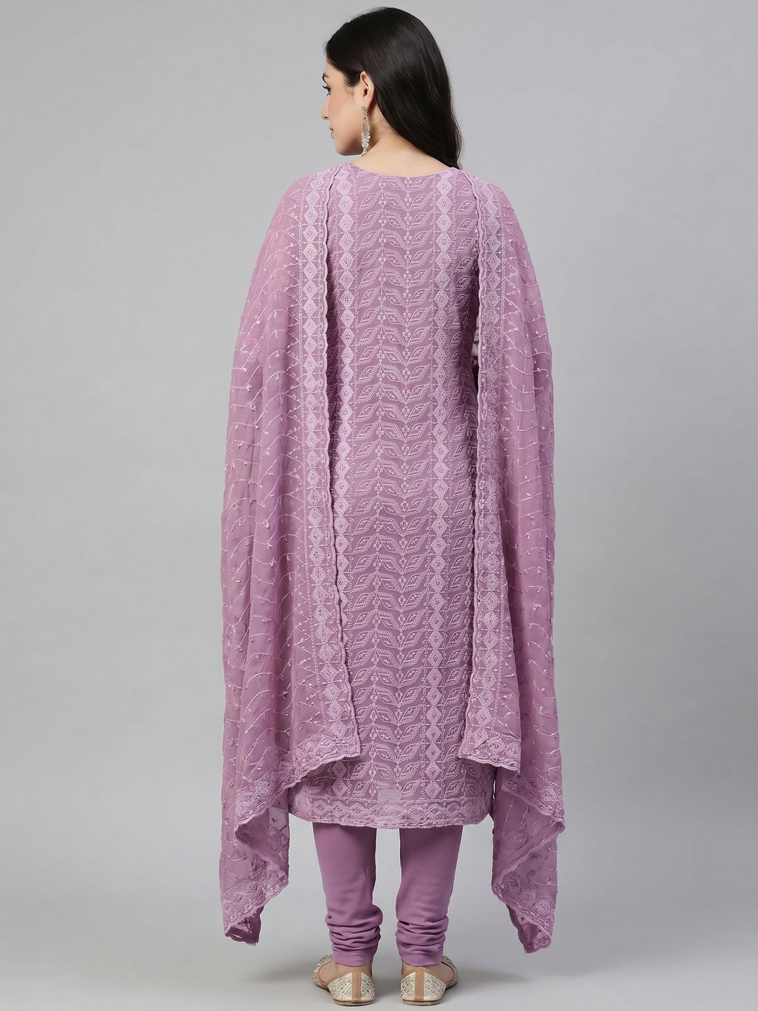 Purple Lucknowi Embroidered Georgette Dress Material - Image 2