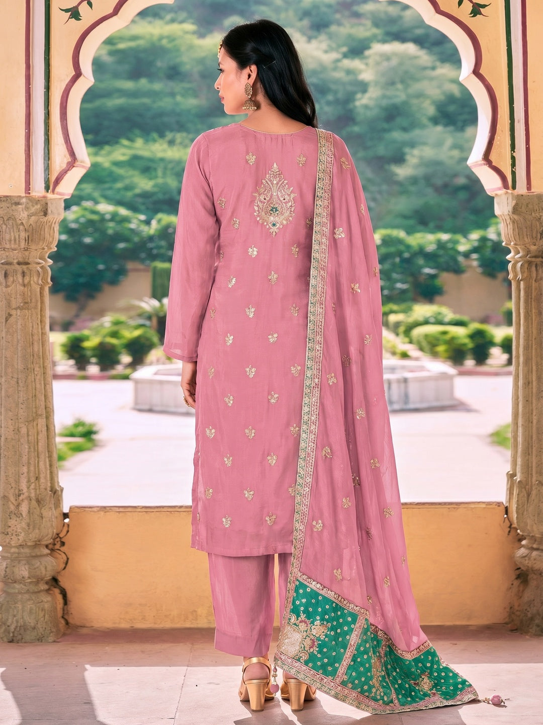 Pink Sequins Embroidered Chinon Semi Stitched Salwar Suit - Image 1