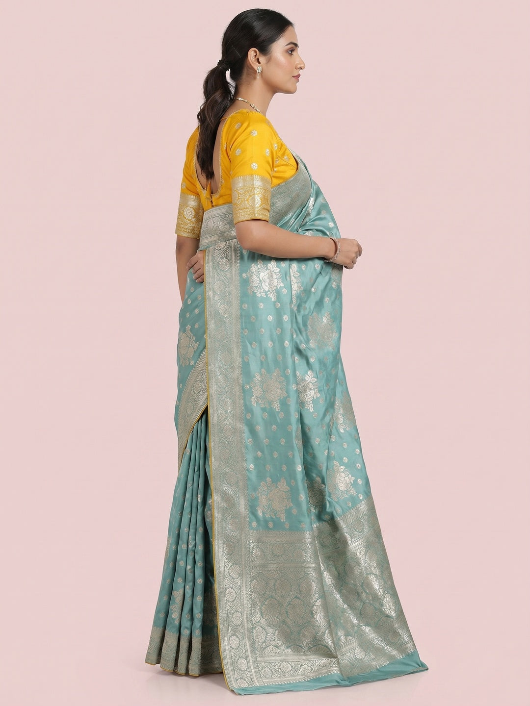 Turquoise Floral Woven Dola Silk Saree - Image 2