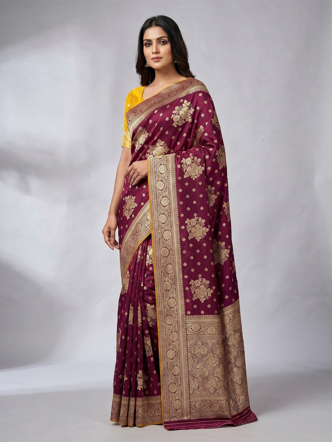 Wine Floral Woven Dola Silk Saree - Image 1