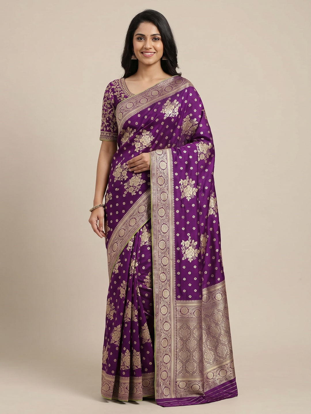 Purple Floral Woven Dola Silk Saree - Image 1