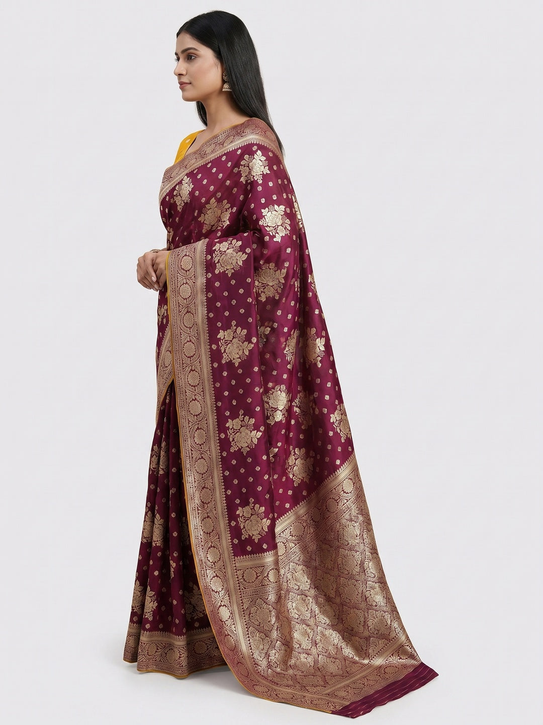 Wine Floral Woven Dola Silk Saree - Image 2