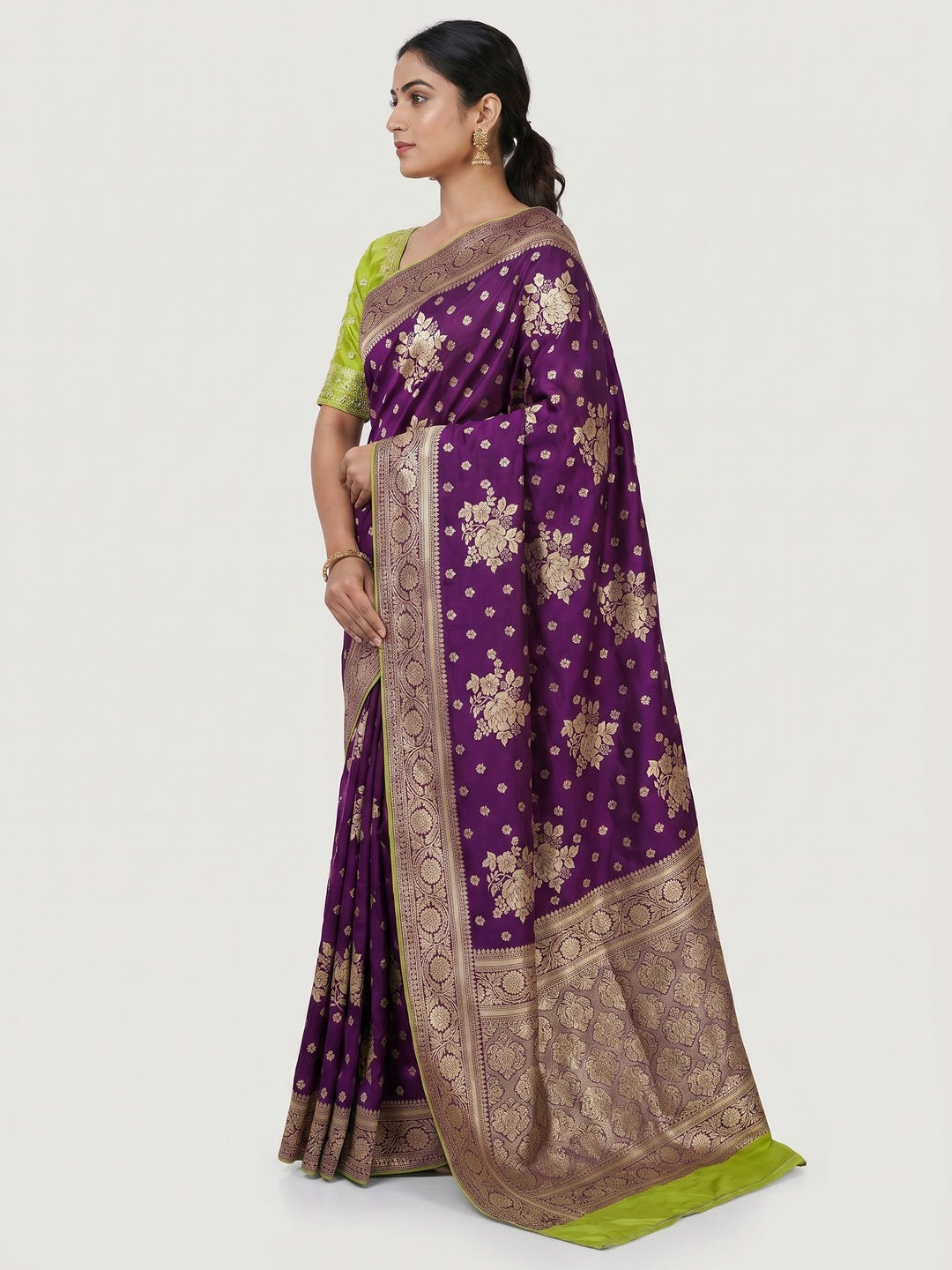 Purple Floral Woven Dola Silk Saree - Image 2