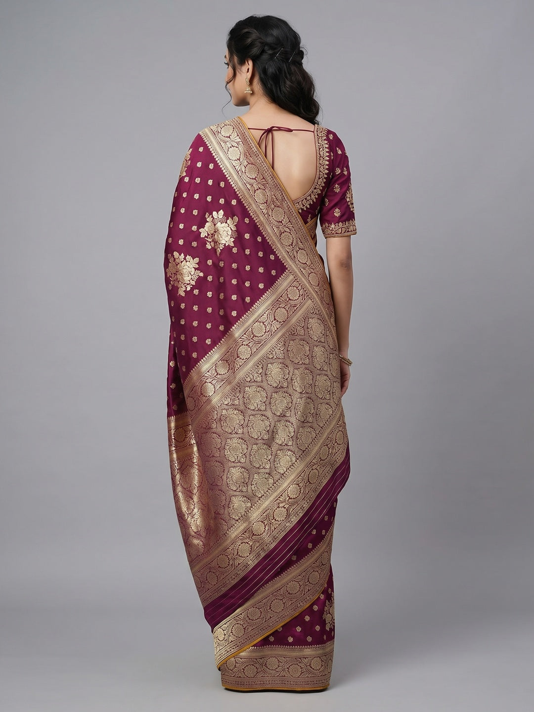 Wine Floral Woven Dola Silk Saree - Image 3