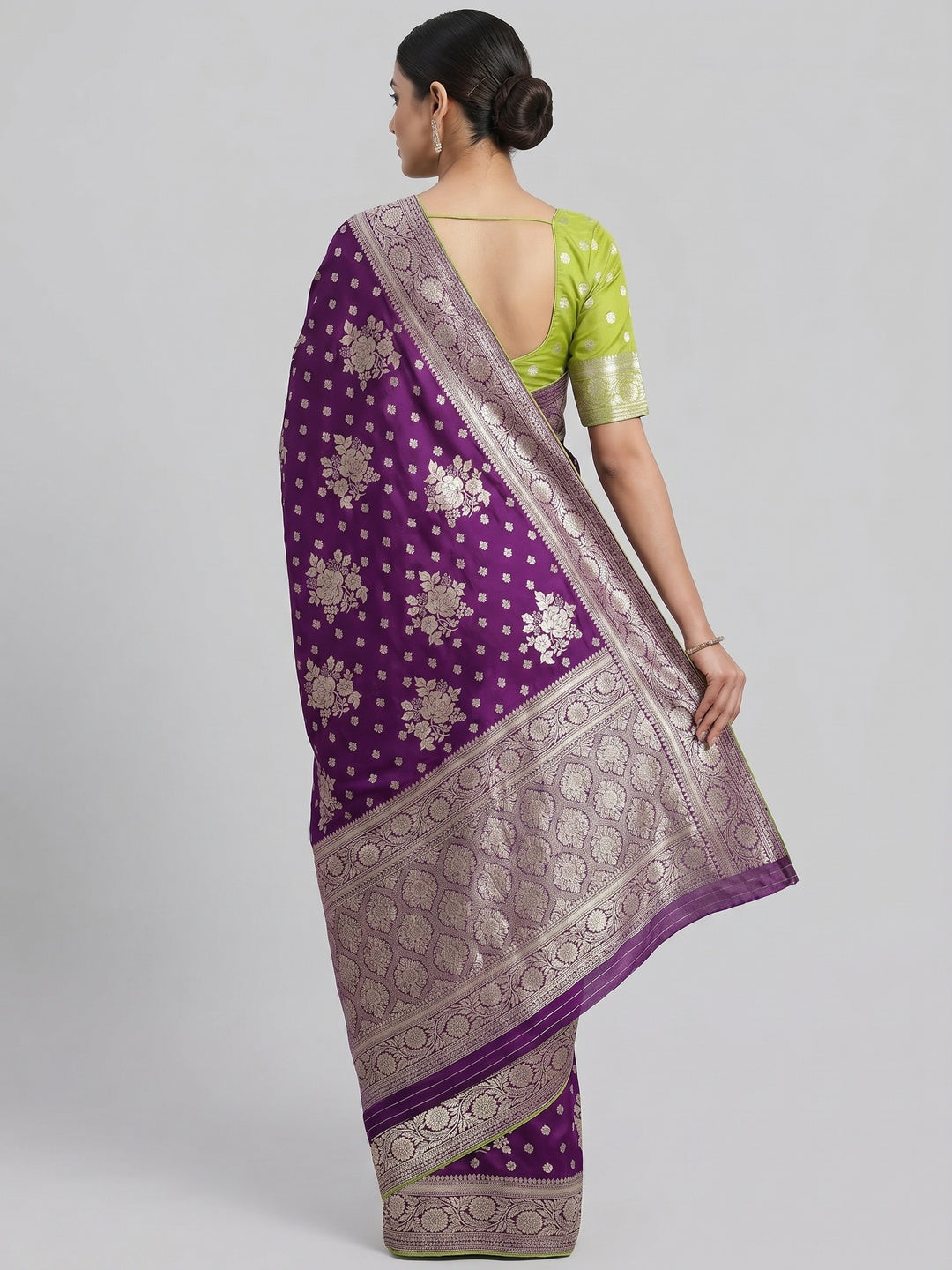 Purple Floral Woven Dola Silk Saree - Image 3