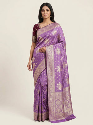 Lavender Floral Woven Dola Silk Saree - Image 1