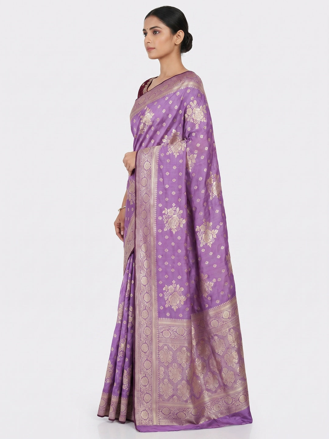 Lavender Floral Woven Dola Silk Saree - Image 3