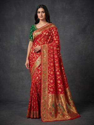 Red Floral Woven Dola Silk Saree - Image 1
