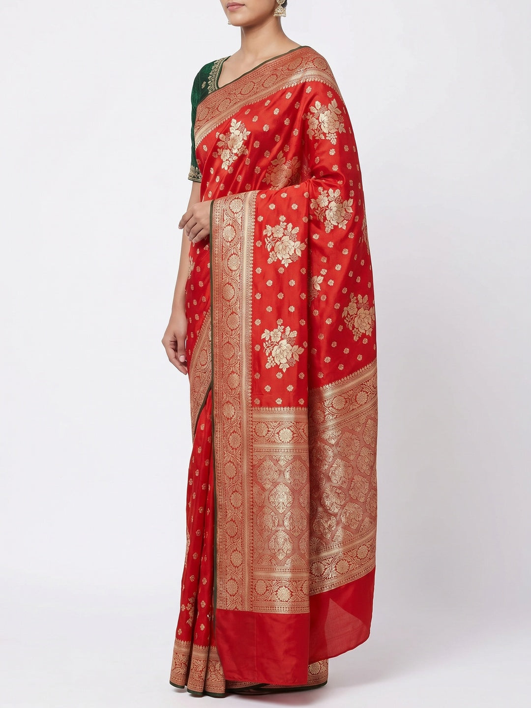 Red Floral Woven Dola Silk Saree - Image 2