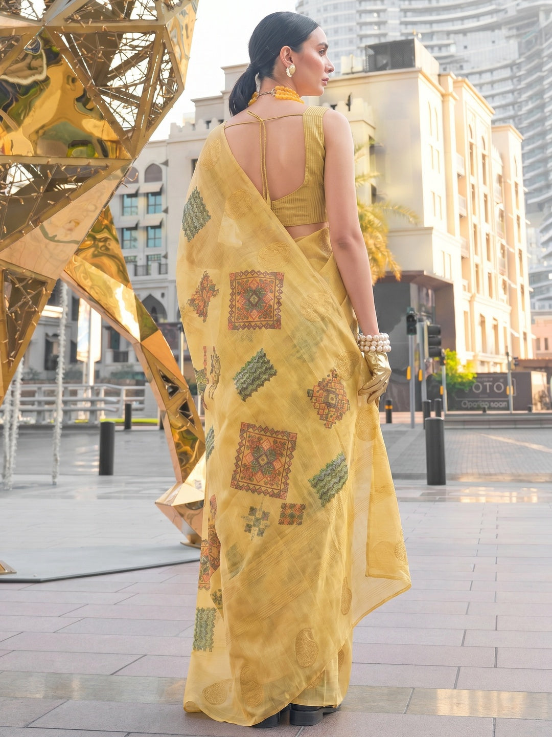 Golden Woven Art Silk Saree With Digital Print - Image 1