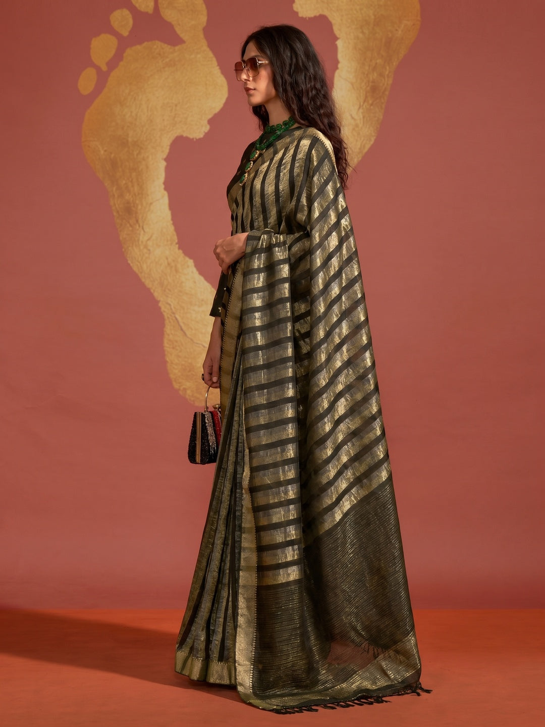 Black Woven Viscose Saree With Tassels - Image 1