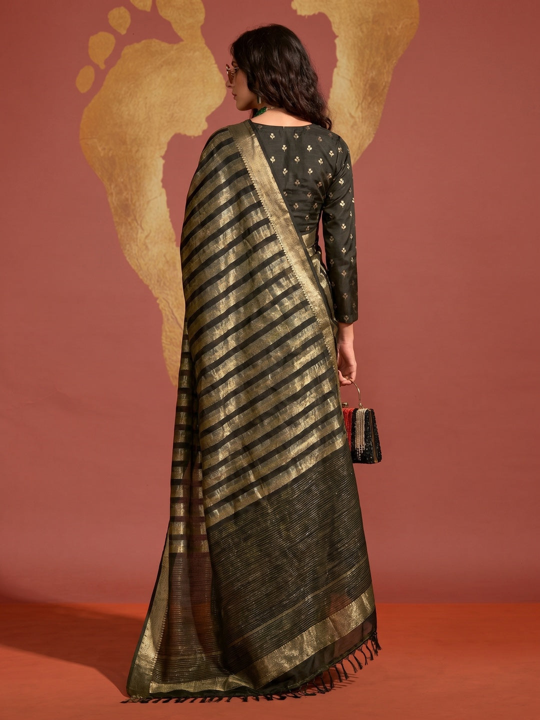 Black Woven Viscose Saree With Tassels - Image 2