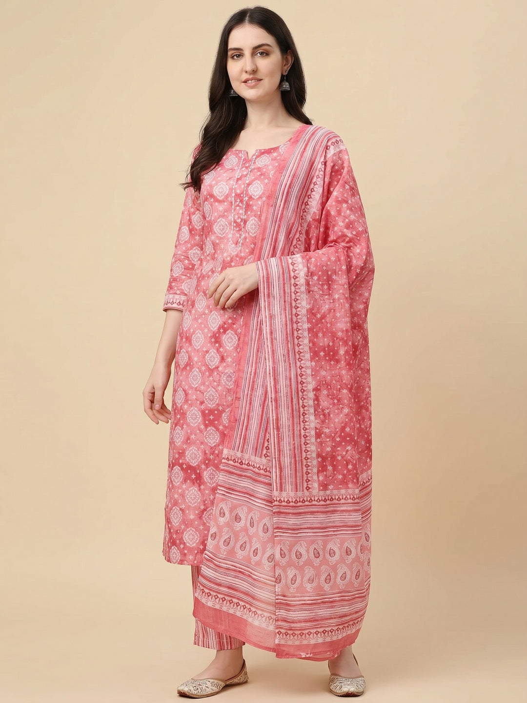 Pink Printed Pure Cambric Cotton Dress Material - Image 1