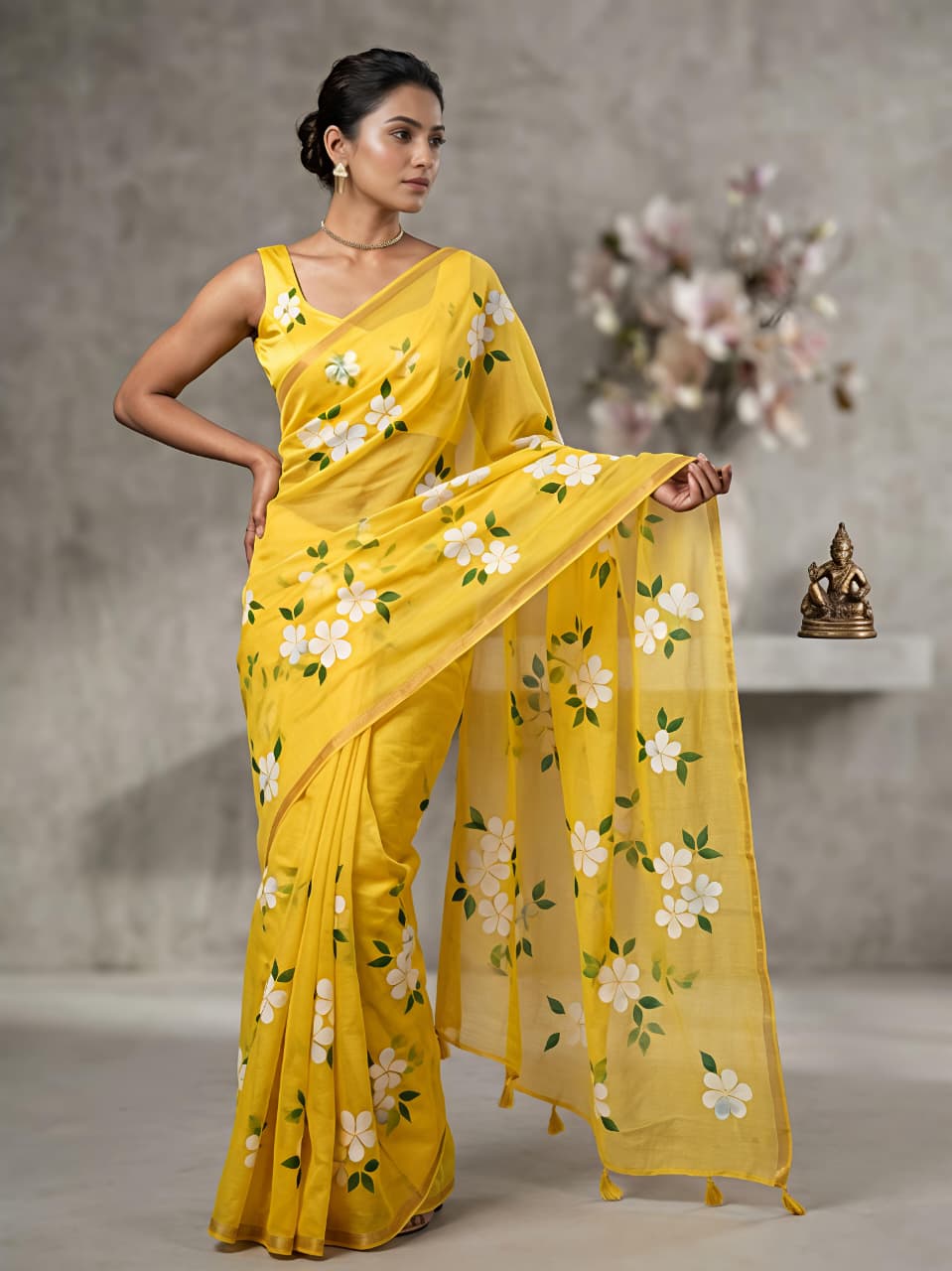Peachmode Yellow Linen Cotton Saree with Floral Print - Image 1
