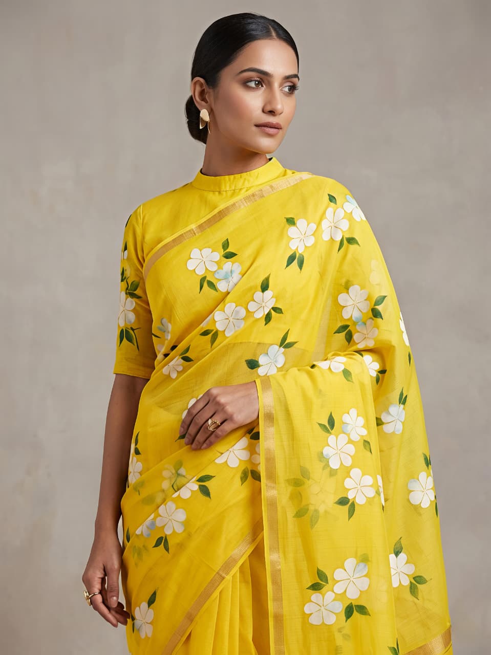 Peachmode Yellow Linen Cotton Saree with Floral Print - Image 2