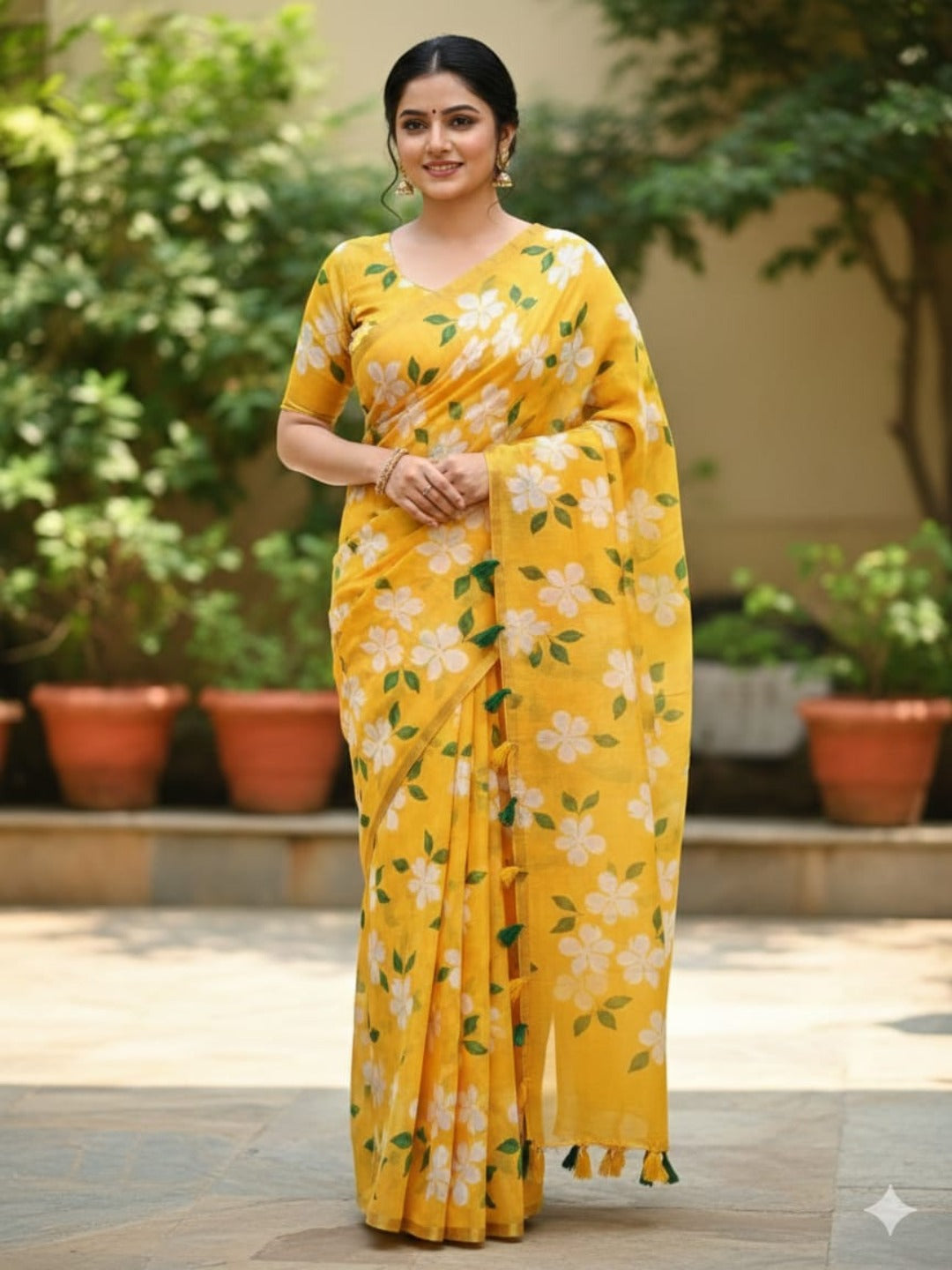 Peachmode Yellow Linen Cotton Saree with Floral Print - Image 3